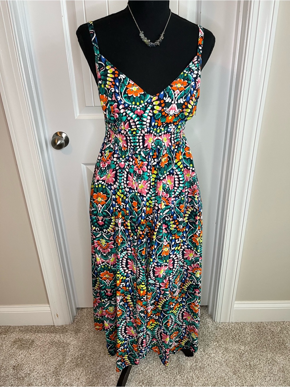 Old Navy Black Floral Print Maxi Dress with Pink & Orange Accents
